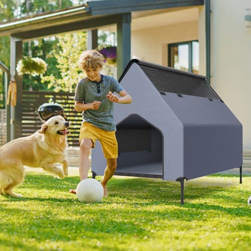 ORHEYA 2 in 1 Erhöhte Hundehütte & Outdoor Hundeliege mit wetterfestem Stoff, strapazierfähigem Oxford-Material & Mesh-Fenster, Hundezelt bis 80 kg, für Innen- und Außenbereiche, 130 x 84 x 104 cm