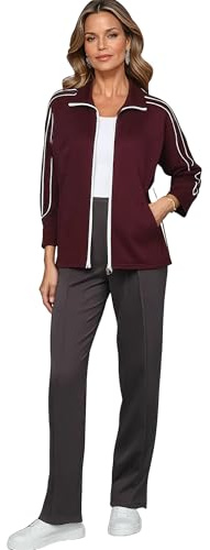 Herbold Sportswear Damen Freizeitanzug, Burgunderrote Jacke mit Reißverschluss und Kontraststreifen, Graue Hose mit Reißverschlusstaschen