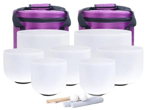 Vituord Ensemble De Bols Chantants Chakra, Bols Chantants Tibétains en Cristal De Quartz Givré 15-30 Cm (6-12 Pouces), avec Sac De Transport Et Maillets, Lot De 7 Pièces