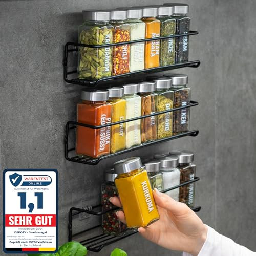 DEKOFY® Gewürzregal mit 18 Gläsern - zum Aufhängen für Wand & Schranktür - ohne Bohren - Gewürzregal Wand, Gewürzregal Schranktür, Gewürzregal hängend, Gewürz Organizer (Edelstahldeckel)