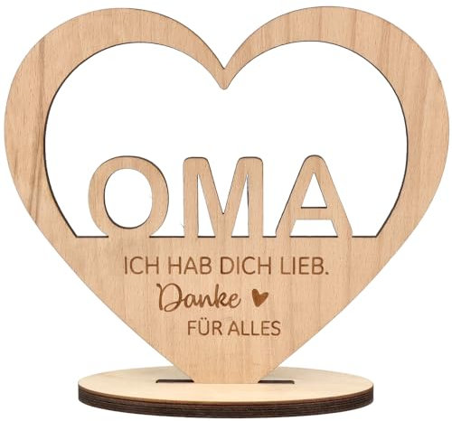 Spruchreif | Holzaufsteller Herz Oma - Ich hab dich lieb. Danke für alles | Holzherz mit Gravur & Holzfuß | Geschenk für Oma | Oma Geschenkidee | Liebevolles Dankeschön | 20 x 15 cm