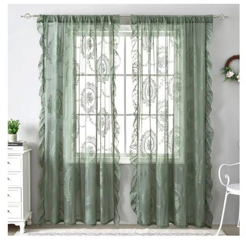 JBJYGSG Retro-grüne Rüschen-Spitze-durchsichtige Tüll-Vorhänge for Mädchenzimmer, Wohnzimmer, pastoraler Blumenfenster-Bildschirm Für Schlafzimmer, Wohnzimmer(Fixed Pleat_140X160CM)
