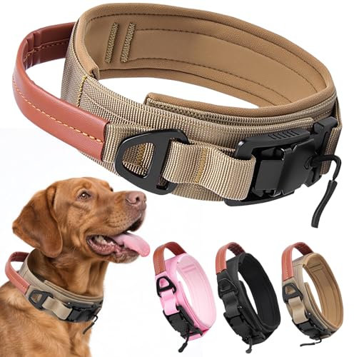 AKOFIC Taktisches Hundehalsband mit Leder Griff und Magnetische Metallschnalle, Breites Halsband Hund Gepolstert aus Nylon, Verstellbar Dog Collar für Mittlere und Große Hunde (Khaki, XL)