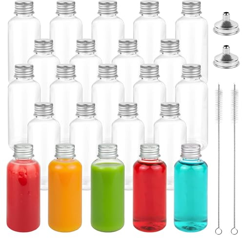 Aramanara 40 Pcs 60ml Mini Plastic Juice Bottles, Empty Alcohol Shot Bottle | 2oz Clear Ginger Shot Bottle with Screw Lid, Reusable Small Juice Bottle with Funnel and Brush for Water, Milk, Essential Oil