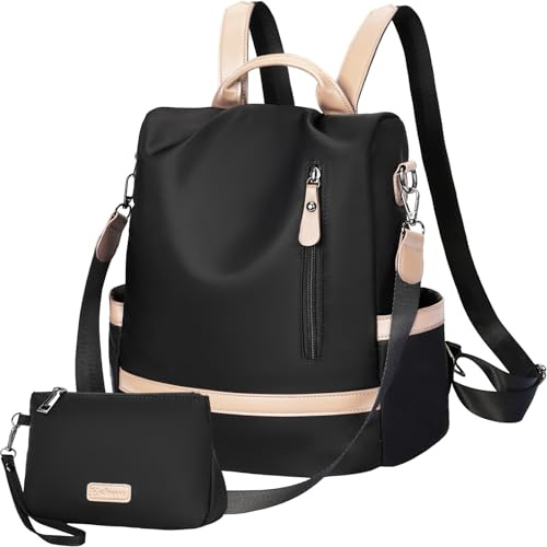 Eshow Rucksack Damen Klein, Anti-Diebstahl Kleiner Cityrucksack Tagesrucksack Elegant, 3 in 1 Rucksackhandtasche mit Clutchbag, Rucksacktasche Modern für Pendeln Schule Arbeit Reise Schwarz