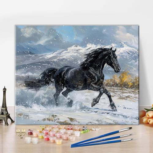 TISHIRON Kit de pintura de caballo negro por números para adultos, animales por números, pintura al óleo sobre lienzo, pintura al óleo para la decoración de la pared del hogar 40 x 50 cm (sin marco)
