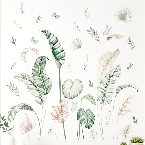 Nilioyul Wandtattoo Palmblatt Pflanzen Boho Wandaufkleber Grüne Tropische Blätter Bananenblätter Schmetterling Wandsticker Wohnzimmer Schlafzimmer Kinderzimmer Babyzimmer Flur Hintergrund Wanddeko