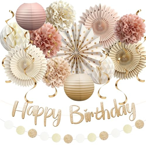 Wiederverwendbare Geburtstagsdeko, Beige Rosa Boho Geburtstag Party Deko, Pastellfarbene Happy Birthday Girlande, Wimpelkette, Wabenbälle, Pompons Deko, Geburtstags Party deko