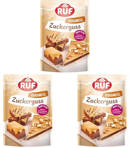 RUF Zuckerguss Karamell, sofort anwendbar als Glasur für Kuchen und Gebäck, cremiger Karamell-Genuss in seidenmatter Optik, 1 x 150g (Packung mit 3)