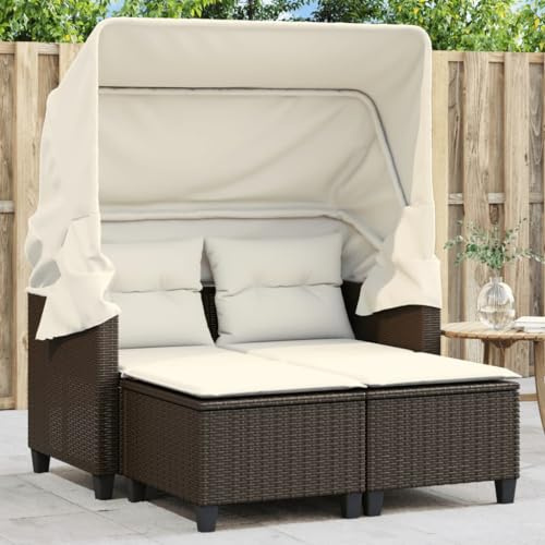 IBUQDDV Gartensofa 2-Sitzer mit ausziehbaren Sonnendach und bequemen Hockern in Braun Poly Rattan, inklusive dick gepolsterter Kissen Außenbereich,