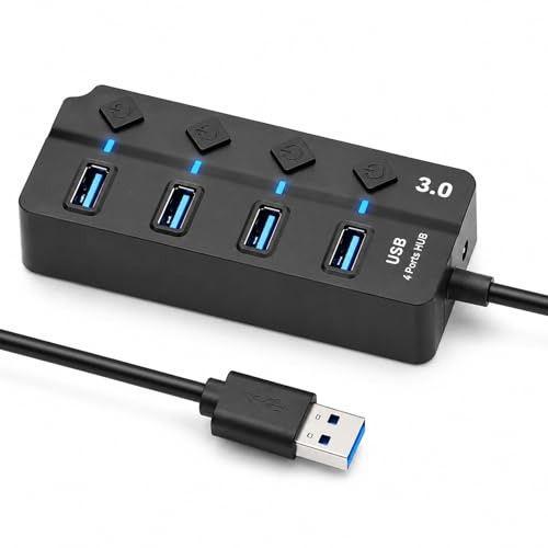 Leloco USB Hub mit Netzteil 4 Port Verteiler 3.0 für PC Laptop | ABS USB-Hubs mit LED-Schaltern, 1x USB 3.0 & 3x 2.0 Ports. Stabiler USB A Hub für Festplatte, Surface Pro & USB-Stick.