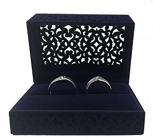 DesignSter Ring Bearer Box, Double Ring Box, Hollow Velvet Ring Box, Ring Holder For Wedding Ceremony (Dark Blue)