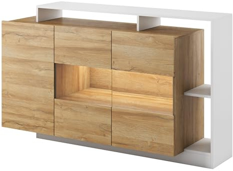 Mirjan24 Kommode Alva, Sideboard, Highboard, Mehrzweckschrank, Wohnzimmerschrank, Schrank, Anrichte (Weiß/Grande Oak, mit LED Beleuchtung)