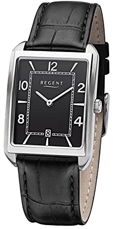REGENT Herrenuhr mit Kroko Look Lederband Edelstahl Eckiges Gehäuse Arabische Zahlen Quarz Datum