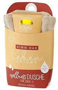 LaVida Relax-Geschenk-Set, Wellness Dusche, Nimm das Leben leicht, Duschgel- zertifizierte Naturkosmetik mit einem Handtuch aus Bio-Baumwolle