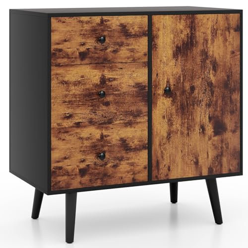 COSTWAY Industrial Storage Cabinet, Floor Standing Wooden Sideboard, Accent Side Cabinet Display Cupboard Organiser Unit for Living Room, Bedroom, Dining Room and Hallway (3 Drawers + 1 Door)