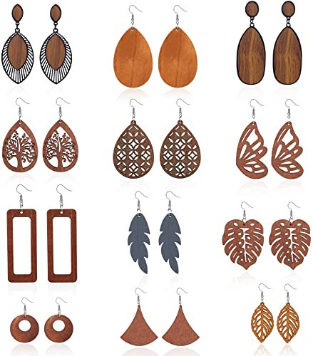 LOLIAS 12 Paar Holz Ohrringe für Frauen Afrikanische Ohrringe Naturholz Teardrop Ohrringe Ethnische Aussage Geometrische Leichte Anhänger Ohrringe