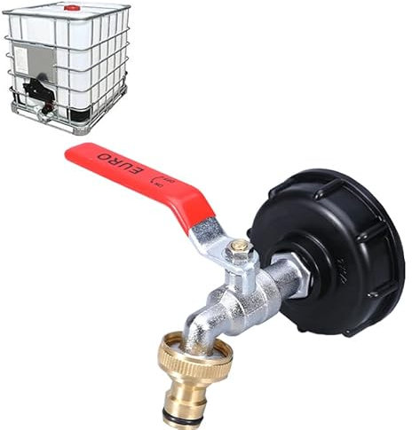 IBC Robinet Cuve 1000L Robinet Recuperateur Eau De Pluie, Adaptateur De Réservoir d'eau IBC 1/2 Double Robinet en laiton en Fabriqué en PP Filetage Gros 60 MM (1/2)