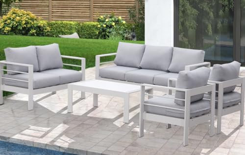 GLP Gartenmöbel Set Aluminium für 6-7 Personen, Terassenmöbel Wetterfest mit Sofa, Tisch, Hocker & Kissen, Gartenlounge Set für Innen- und Außenbereich (Weiß & Hellgrau)