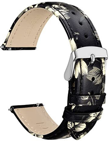 WOCCI 22mm Blumen Uhrenarmband für Damen, Echtes Leder, Schnellverschluss, Silberne Schnalle (Asche Blüht)