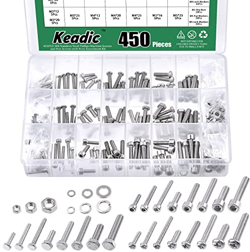 Keadic 450Pcs M3 M4 M5 304 Stainless Steel Bolt Nut Screw Washer Hardware Assortment Set Contains Pan Phillips Screw Hex Nuts, Socket Head Cap Screws, Flat & Lock Washers Fully Thread Machine Screws