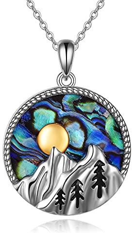 YAFEINI Berg Halskette Sterling Silber Abalone Muschel Berg Anhänger Halskette Naturschmuck Geschenk für Skifahrer, Wanderer, Camper, Kletterer und Naturliebhaber