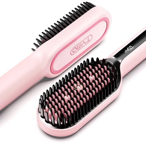 TYMO Ionic Plus Hair Straightener Brush UK, Upgraded Straightening Brush with Dense Bristles for Thick Hair, 16 Temps (80℃~230℃) LED Display, 10 Million ions, Dual Voltage, Hot Brush for Women (Pink)