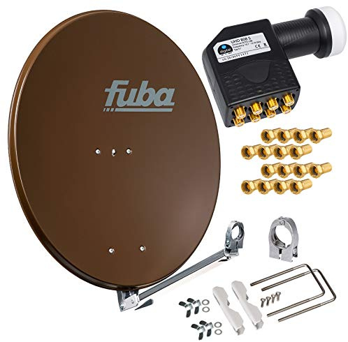 hb-digita & Fuba 80cm Satellitenantenne DAL 800B braun Aluminium Schüssel Reflektor Spiegel Klapparm + HB-DIGITAL octo LNB 8 Teilnehmer UHD schwarz + vergoldete F-Stecker