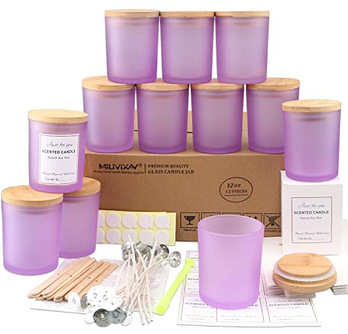 MILIVIXAY 12 Stück 340 ml matte lila Glaskerzengläser mit Deckel und Kerzenherstellungs-Kits – leere Kerzengläser für die Herstellung von Kerzen – Gewürz-, Pulverbehälter