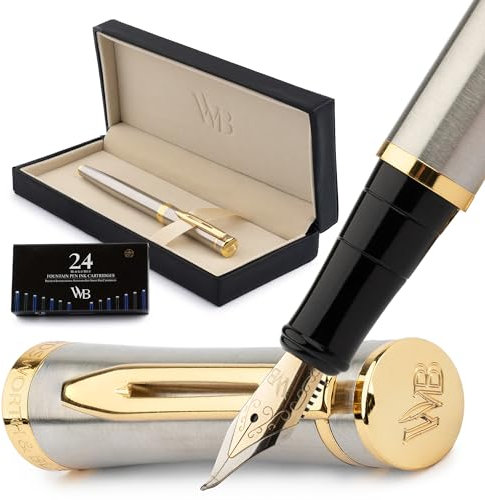 Wordsworth & Black Set Penna Stilografica, Pennino Curvo Dorato 18 Carati, 24 Cartucce D'inchiostro Convertitore Di Ricarica Inchiostro E Confezione Regalo Finitura Oro Calligrafia [Oro Argento]
