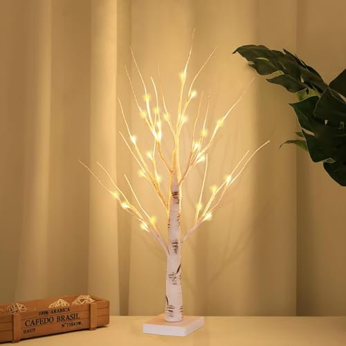Probuk Arbre Lumineux LED,24LED Blanc Chaud Lampe Arbre Lumineux Branches Réglables,USB/Batterie Alimentation Arbre Lumineux Artificiel Brindille Blanche pour Décoration de Noël Fête Mariage-60cm