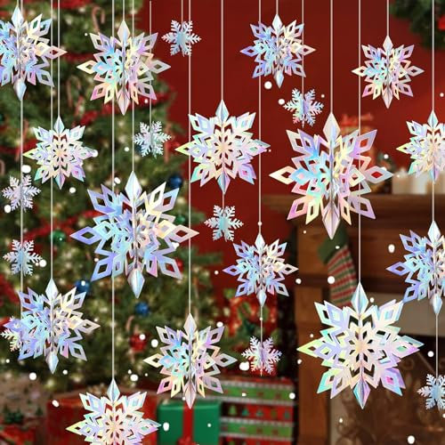 EKKONG 3D Fiocchi di Neve da Appendere, 24 Pezzi Fiocco di Neve per Albero di Natale Decorazione per Natale Festa, Decorazioni Invernali, Decorazioni per Finestre, Fai-da-Te-Artigianato (Laser)