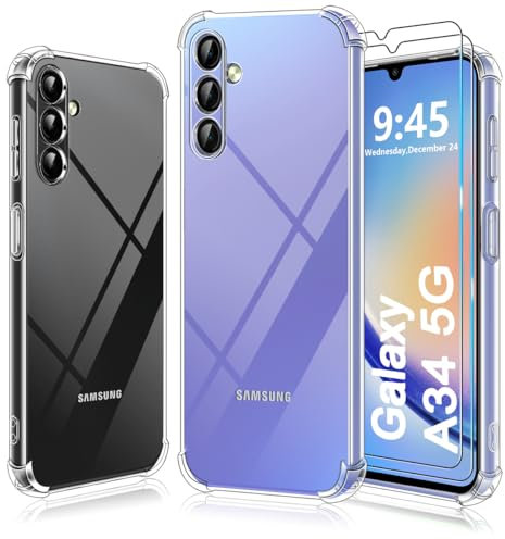 Ruayia 3 en 1 Coque pour Samsung Galaxy A34 5G + [2 Verre trempé Protection écran], Transparente [Anti-Jaune] Case, Antichoc Slicone Cover TPU Bumper Étui Souple Housse - Transparente