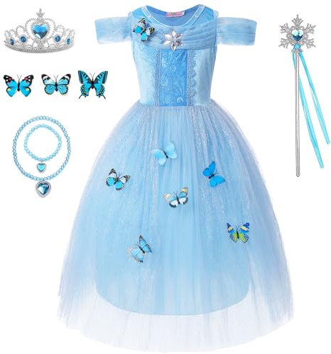WIOLETA Blaues Prinzessin Kleid Mädchen Prinzessin Kostüm Mädchen mit Krone, Zauberstab, Halskette, Armband, Schleife für 3-9 Jahre