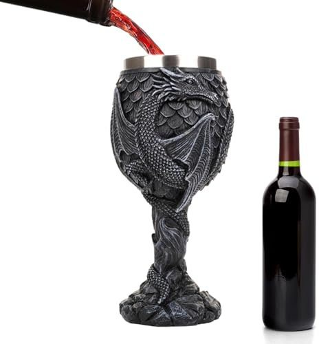 DMAIS Calice in vetro, calice da vino decorativo in acciaio inossidabile, bicchiere da vino con draghi a stelo lungo, calice da vino con draghi medievali, calice da vino drago multifunzionale per la