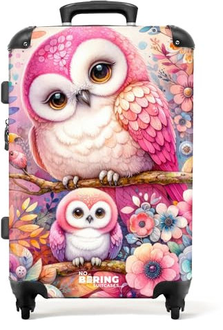 NoBoringSuitcases.com Kinderkoffer, Kinderkoffer Mädchen, Koffer Groß, Koffer Kinder, TSA Schloss, Kindertrolley Mädchen, Koffer 20kg Gepäck, Koffer Mittelgroß (Eulen, Blumen - Rosa, 67 cm - 72 L)