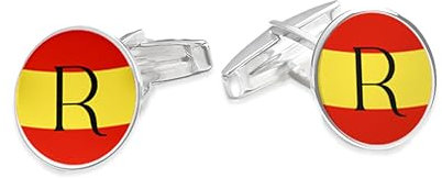 Gemelos Bandera España de Plata Redondos - Par Circular Personalizado para Bodas, Eventos, Fiesta - Con Inicial para Camisa, Traje, Esmoquin - Regalo Día del Padre, Padrino