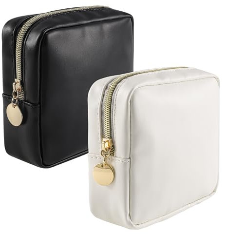 Meng Jiaran 2 Packs Small Makeup Bag, Portable Travel Toiletry Bag PU Leather Makeup Pouch for Women Girls Makeup Storage Bag Cosmetics Makeup Bag(Black+White)