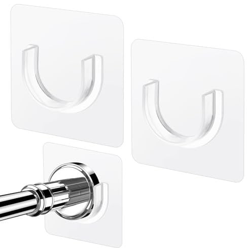 Ptwola 2pcs Shower Curtain Rod Holder, Adhesive No Drilling Tension Shower Bar Bracket Holder Transparent Invisible Wall Mount Rod Retainer (Transparent)