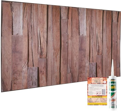 Faux Wood Wall Panels with Adhesive Included - 20 Sheets Covering 99.1 sqft (9.2 sqm) Moisture Resistant PVC Plastic Cladding, 3D Panel Size 37.79 x 18.89 in (96x48cm) Decorative Rustic Wood Pattern