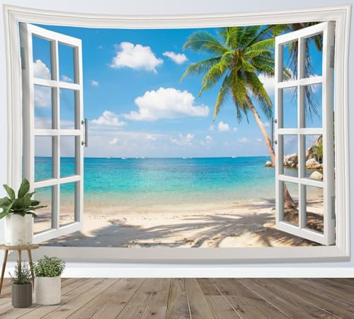 LB Wandteppich Tropischer Strand Wandtuch Grüne Palme Blaues Meer Wandbehang Küsteninsellandschaft aus dem Fenster Tapisserie für Wohnzimmer Schlafzimmer Wohnheim Wanddeko,150x100cm