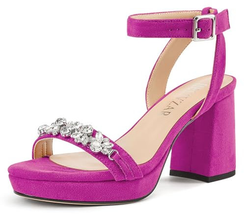 HEUIVZAR Mujer Plataforma Chunky Ancho Medio Heels Abierta Punta Correa Tobillo Diamante Cristal de Boda Sandalias Slingback Dress Zapatos 8 CM Heels Fucsia Ante 39 EU