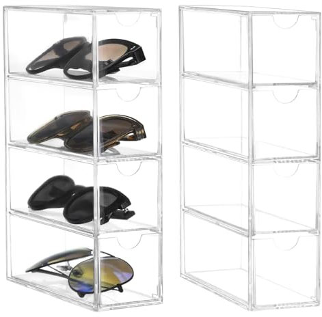 QWORK® 2 Stück Aufbewahrungsbox für Brillen Uhren Schmuck - 17,5 x 24,6 x 6,5 cm - Multifunktionale Acryl-Organizer mit 4 Schubladen