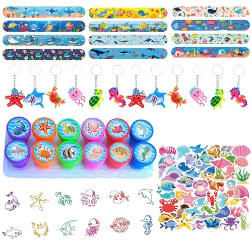 Eymobad Meerestiere Party Mitgebsel Set,Ozean Tier Party Favors,86Pcs Ozean Party Zubehör, mit Schlüsselanhänger Schnapparmband Stempel Aufkleber für Mädchen Jungen Geburtstags Gastgeschenke