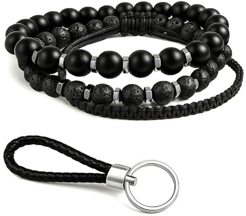 Bracciale Uomo 3 Pezzi Pietre Naturali Bracciali Regolabile Pietra Lavica Ossidiana Perline Chakra Energia Guarigione + in Omaggio Regalo