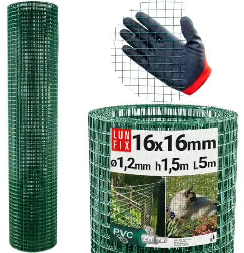 Maschendrahtzaun Ø1,2mm 16x16mm Höhe 1,5m Länge 5m PVC beschichtet grün | Maschenweite, Volierendraht, Hasendraht, Hühnerzaun, Kaninchendraht, Wühlmausgitter