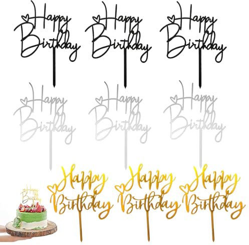9 Pack Gold Happy Birthday Cake Topper, Birthday Cake Toppers, Acrylic Cake Topper, Happy Birthday Cake Decorations, For Birthday Party Decorations Baby Shower Party (Gold, Silver, Black)