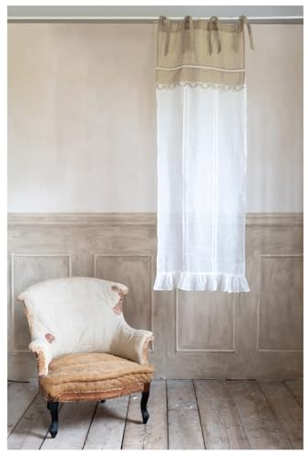 Blanc Mariclo Set Due Tendine vetrage per Finestra in Lino Bianco con mantovana Ricamata, Shabby Chic Dentelle 60x160 cm