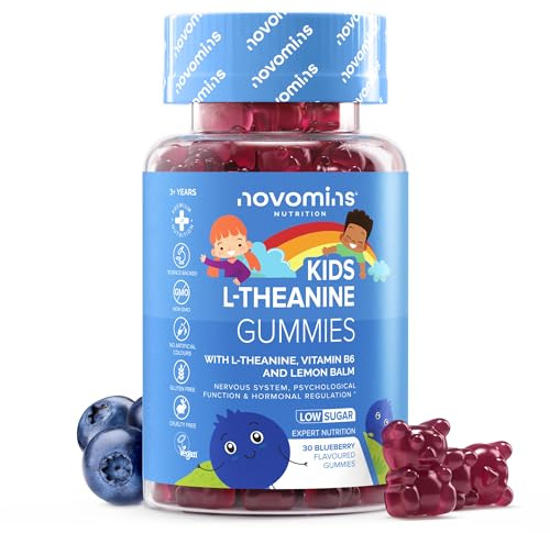 Kids L-Theanine Gummies | 50mg of L Theanine | 30 Gummies | Novomins | Lemon Balm & Vitamin B6 | L Theanine Supplement for Focus & Concentration | Vegan & Gluten Free | 1-Month Supply