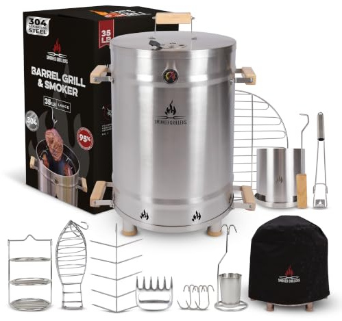 Smoked Grillers Barrel Smoker Grill Combo | 100% 304 Stainless Steel Barrel | 95% Less Smoke, Even Heat | Easy to Use & Clean – Vertical Smoker Ideal for Balconies and Backyards (LARGE-35 LBS)